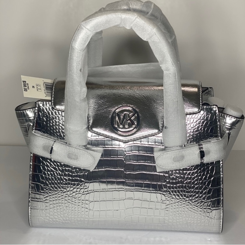 Nwt Carmen Medium Metallic Crocodile Embossed Belted Satchel With Dust Bag